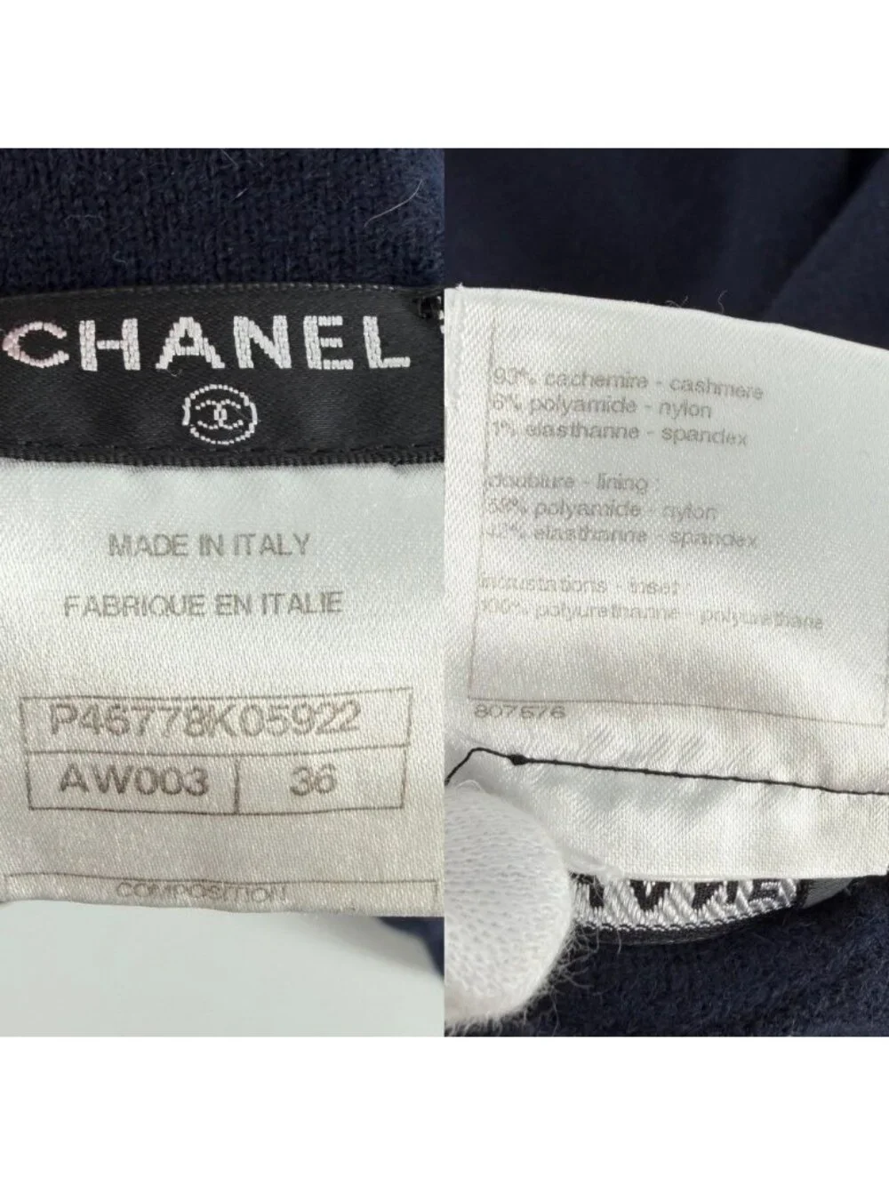 Chanel Dress Coco Button Knit Long Sleeve Pocket 36 Navy Cashmere Nylon Spandex